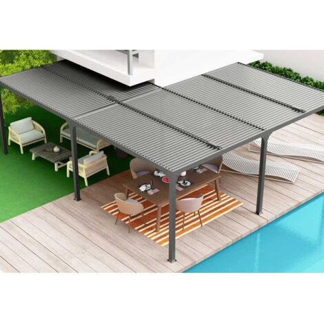 Habrita – Pergola bioclimatique 32,63 m² en aluminium – Structure en L – Toit à lames orientables 90° – Évacuation intégrée des eaux (1/5)