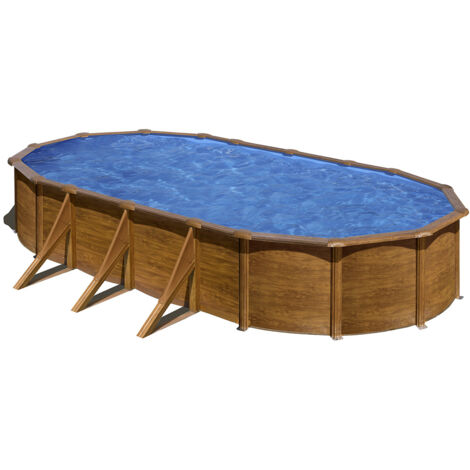 GRE – Piscine hors sol ovale acier 7,44m x 3,99m x H: 1,22m – Imitation bois – Filtration à sable 4m³/h – Volume 25,30m³ (1/5)