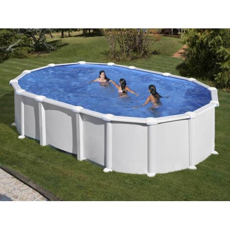 GRE – Piscine tubulaire ovale acier 6,34m x 3,99m x H: 1,32m – Filtration à sable 5m³/h – Volume 21m³ – Échelle de sécurité incluse (1/5)