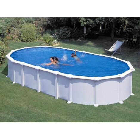 GRE – Piscine tubulaire acier blanc ovale 7,44 x 3,99 x 1,32 m – Volume 28,2 m³ – Filtration à sable 5 m³/h – Échelle de sécurité incluse (1/5)