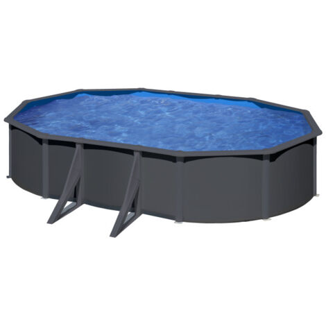 GRE – Piscine hors sol ovale acier gris anthracite 7,44 x 3,99 x 1,22 m – Volume 24,12 m³ – Système de filtration à sable inclus (1/10)
