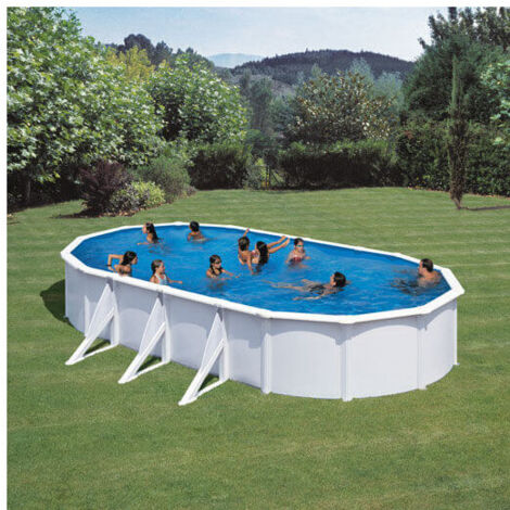 GRE – Piscine tubulaire ovale acier 7,44m x 3,99m x H: 1,22m – Filtration à sable 4m³/h – Volume 25,30m³ – Échelle de sécurité 2x3 marches (1/10)