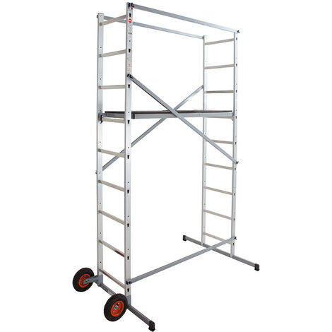 Hailo – Échafaudage roulant tout terrain 1,7m/3,7m en aluminium – 2 roues tout-terrain – Charge maximale 150 kg – Plateau antidérapant 130x45 cm (1/6)