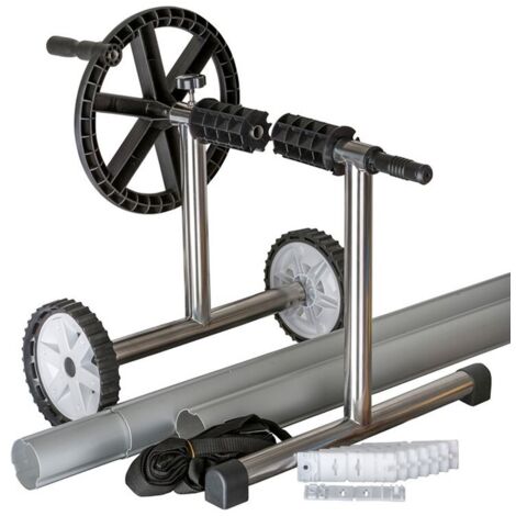GRE – Enrouleur de bâche de piscine enterrée 5,50 m – Piètement inox en T – Tubes télescopiques en aluminium – Mobile avec roues (1/3)