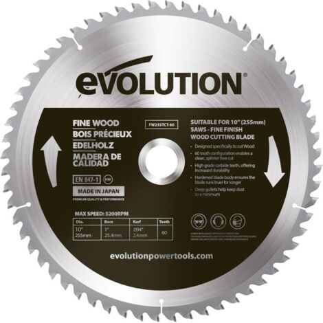 Evolution – Lame de scie circulaire 255 mm – 60 dents carbure de tungstène – Alésage 25,4 mm – Pour bois dur et MDF stratifié – Coupe nette sans éclat (1/2)