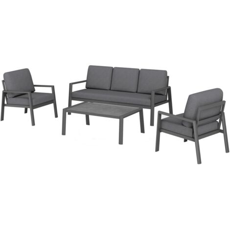 Proloisirs – Salon de jardin complet 4 places Oceane II en aluminium – Structure aluminium avec peinture époxy – Coussins déhoussables en polyester – Table basse rectangulaire SPC (1/4)