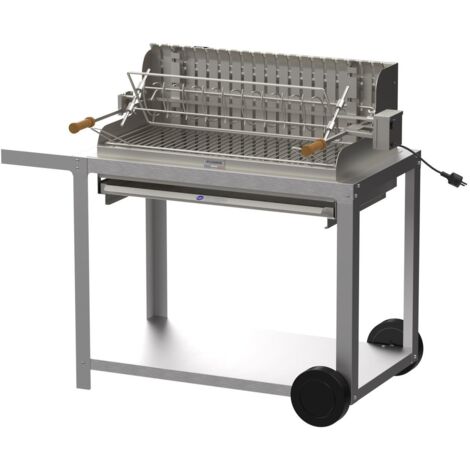Le Marquier – Barbecue charbon sur chariot inox – Grille réglable 78 x 32 cm – Foyer horizontal et vertical avec tournebroche – 137 x 77 x 105 cm