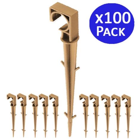 Pack 100 Piquetas sujeta tubo goteo 16mm marrón, para sujeción segura en sistemas de riego por goteo