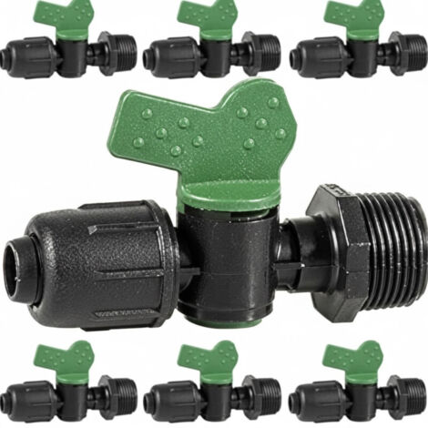 Pack 10 Llave de paso cinta riego por goteo 16mm x 1/2'', válvula conectora resistente para sistemas de riego (1/5)