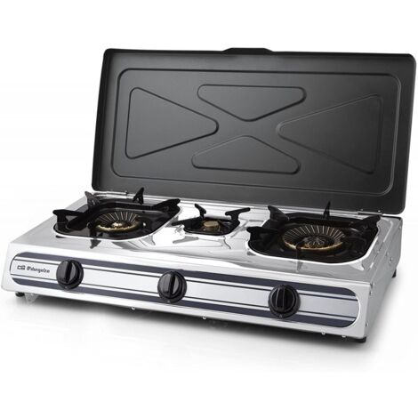 Hornillo a gas 3 quemadores  Uso interior/exterior  Gas butano/propano  Cuerpo inoxidable  Cocina portátil