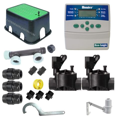 Kit Riego Automatico 2 zonas 24V Hunter para Tuberia 20mm  Incluye Programador, Electrovalvulas y Accesorios