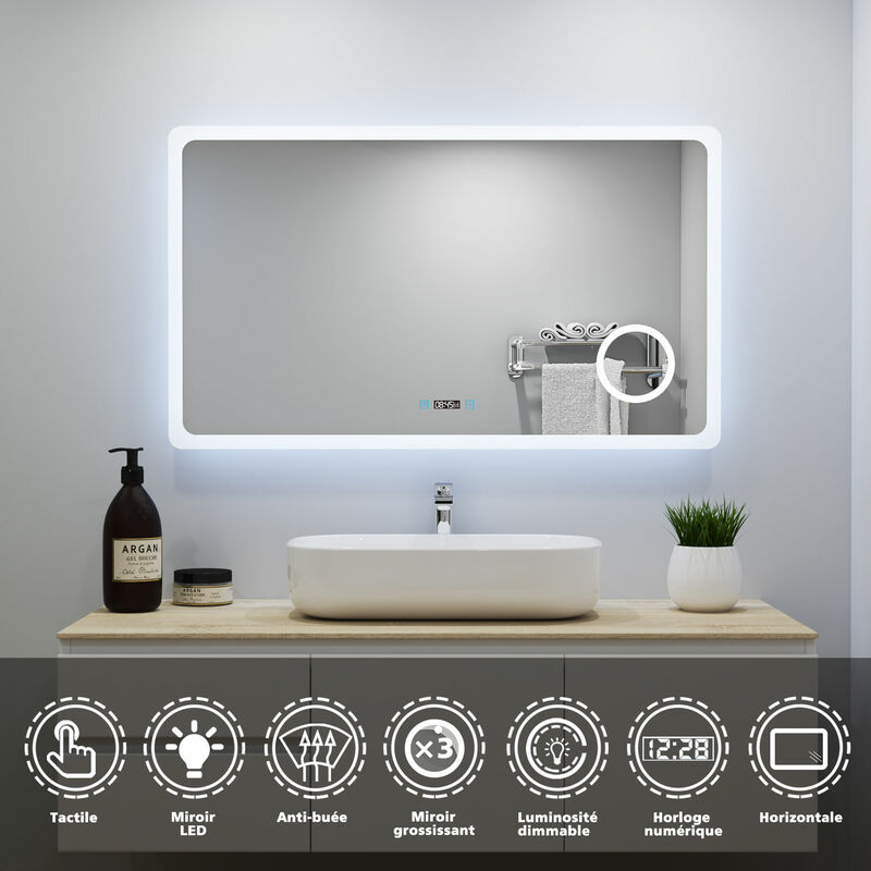 Miroir Salle De Bain LED 60x60 Cm Anti-Buée - 3 Couleurs Lumière Réglable, Luminosité + Mémoire