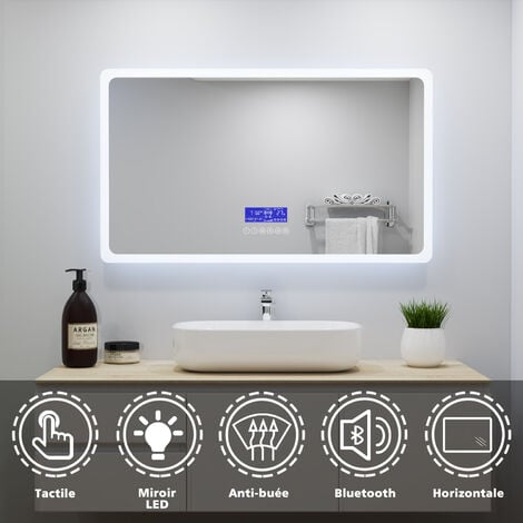 SIRHONA Miroir Lumineux Salle de Bain LED Eclairage Intégré, Fonction  Bluetooth 5.0/Horloge/Anti-buée Horizontal 120x70cm Mirroir LED  Rétro-éclairé