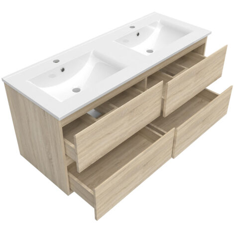 120cm Meuble vasque suspendu bois clair avec 2 tiroirs