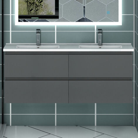 Ocean Sanitaire – Ensemble de meubles de salle de bain anthracite 2 tiroirs 120x46x52cm – Meuble sous vasque en MDF – Double vasque en céramique