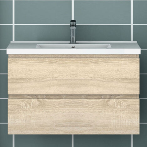 Ocean Sanitaire – Meuble sous vasque suspendu 80 cm MDF naturel – 2 tiroirs avec glissières amorties – Dimensions 79x44.5x52 cm pour salle de bain