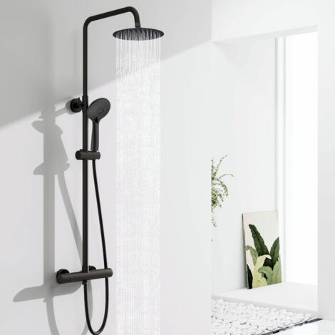 OCEAN Colonne de Douche Thermostatique Ensemble de Douche Noir avec Douchette 3 Jets Kit de Douche Hauteur Réglable avec système de robinetterie de douche