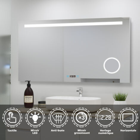 Miroir simple de salle de bain  + miroir LED lumineux + anti-buée + Horloge numérique et date + miroir grossissant+Horzontal 14080cm (1/5)