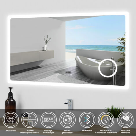 Ocean LED Miroir de salle de bain tactile 140x80cm avec Horloge Loupe Bluetooth 3 Couleurs Dimmable Anti-buée et Mémoire