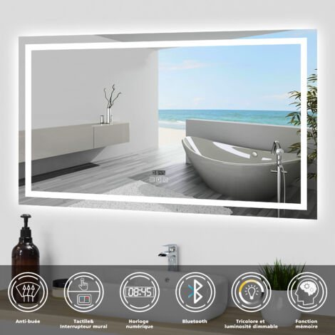 Ocean 140x80c Miroir de salle de bain LED tactile avec horloge Bluetooth 3 couleurs Dimmable anti-buée et fonction mémoire