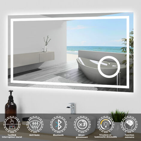 Ocean 100x60 cm Miroir de salle de bain LED avec loupe Bluetooth 3 couleurs Dimmable Anti-buée et fonction mémoire