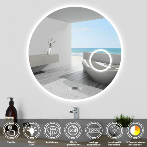 Ocean LED miroir de salle de bain rond tactile 70x70cm avec horloge miroir grossissant 3 couleurs dimmable anti-buée et fonction mémoire