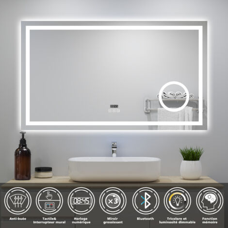 Miroir de salle de bain tactile LED 140x80cm avec loupe d'horloge Bluetooth 3 couleurs dimmable anti-buée et fonction de mémoire ocean