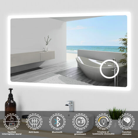 Ocean Sanitaire – Miroir lumineux de salle de bain 120x70 cm – Bluetooth – 3 couleurs dimmables – Anti-buée – Miroir grossissant 3x – Éclairage LED