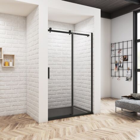 Océan Porte de douche coulissante 140cm pour niche - Verre anticalcaire 8mm, hauteur 200cm, cadre noir - Avec receveur de douche extra-plat 140x80cm noir (1/5)