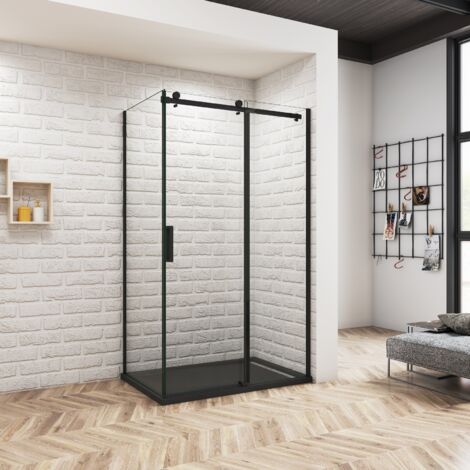 Océan Cabine de douche coulissante 100x90x200cm - Verre anticalcaire 8mm, profil noir mat - Receveur de douche noir 100x90cm inclus (1/5)
