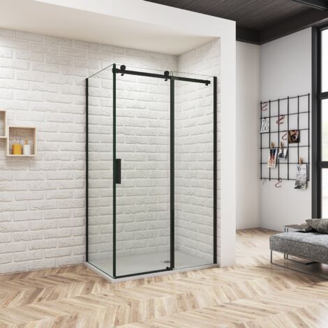 Océan Cabine de douche coulissante 140x80x200cm - Verre anticalcaire 8mm, profil noir mat avec porte + paroi latérale (1/5)
