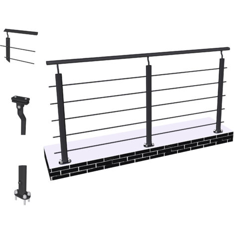 Océan Garde-corps Aluminium Noir 200cm - Rampe d'escalier 200cm - Fixation à plat  (5 traverses +1 main courante) - Pour tous espaces