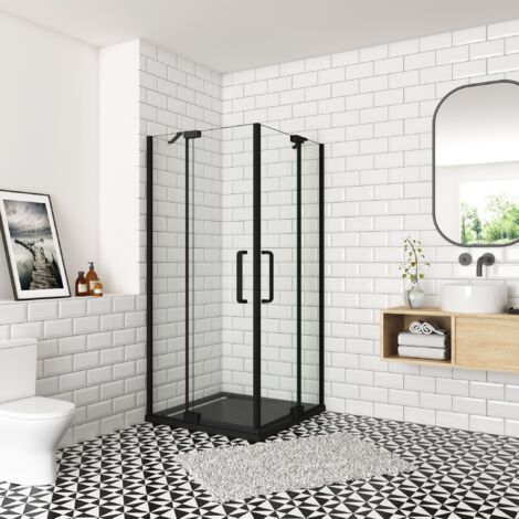 Ocean Sanitaire – Cabine de douche 90x90x195cm – Verre trempé 8mm anti-calcaire – Porte pivotante – Profilé aluminium noir mat – Installation d'angle