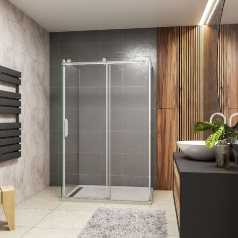 Cabine de douche 110x90x90x195cm, Océan porte de douche coulissante 110cm en 8mm verre trempé, avec 2 parois latérale (1/5)