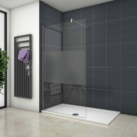 Paroi de douche à l'italienne en 8mm verre securit et sablé au centre, Océan paroi de douche 100x200cm avec une barre de fixation carrée en 90cm (1/5)