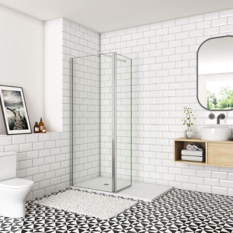 Paroi de douche à l'italienne 80x200cm, paroi fixe murale avec retour pivotant 50x200cm et une barre de fixation 90cm en carré Océan (1/5)