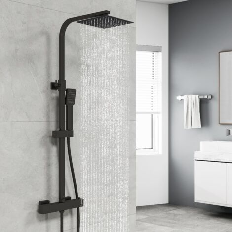 Ocean Sanitaire – Colonne de douche thermostatique 38°C en laiton – Mitigeur réglable en hauteur – Tête de douche 20 cm effet pluie – Noir carré