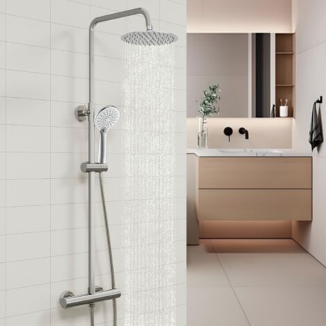 Ocean Sanitaire – Colonne de douche thermostatique en laiton – Tête de douche 8 pouces rotative – 3 jets – Hauteur réglable 720-1250 mm – Mitigeur anti-brûlure