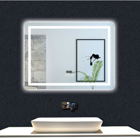 Ocean 120x70cm Miroir de salle de bain rectangulaire LED,avec Bluetooth + horloge + éclairage tricolore + anti-buée