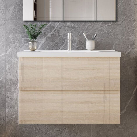 Ocean Meuble de salle de bain, chêne haute brillance, avec lavabo en céramique, 79 x 46 x 52 cm (1/5)