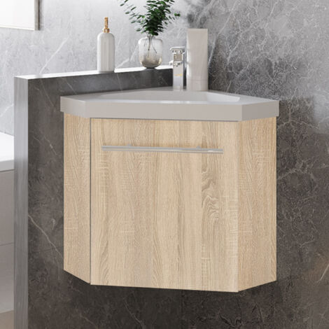 Ocean 39,5 x 39,5 x 42 cm Meuble de salle de bain chêne avec vasque, meuble d'angle en forme de diamant pentagon, porte simple