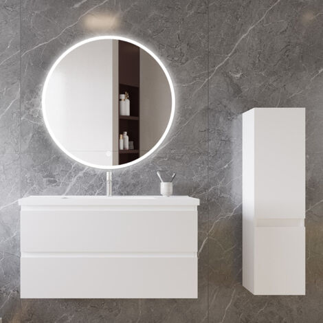 Ocean Ensemble de meubles de salle de bain, 994652cm, meuble avec vasque + miroir LED rond + meuble colonne 110cm, blanc (1/5)