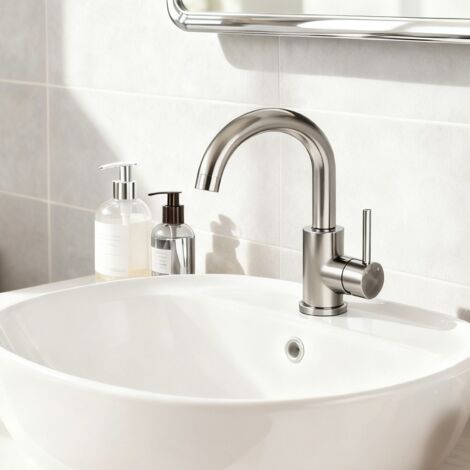 Océan Robinet Lavabo Mitigeur Salle de Bain, 360° Rotatif Bec/U-forme Design Courbé Classique, Acier Inox 304, Adapté à Lavabo/Vasque/Petite Cuisine, Finition Brossé