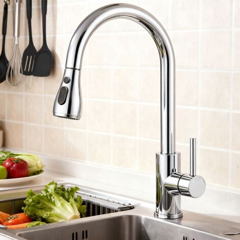 Océan Robinet de cuisine monocommande Acier inoxydable, Douchette extractible, 2 modes, cartouche céramique, mitigeur évier cuisine, finition chromé