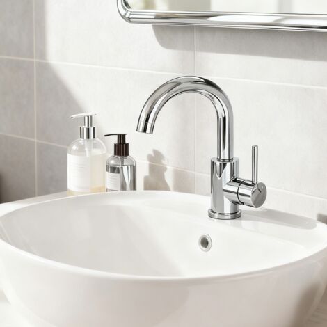 Océan Robinet Lavabo Mitigeur Salle de Bain, 360° Rotatif Bec/U-forme Design Courbé Classique, Acier Inox 304, Adapté à Lavabo/Vasque/Petite Cuisine, Finition chromé