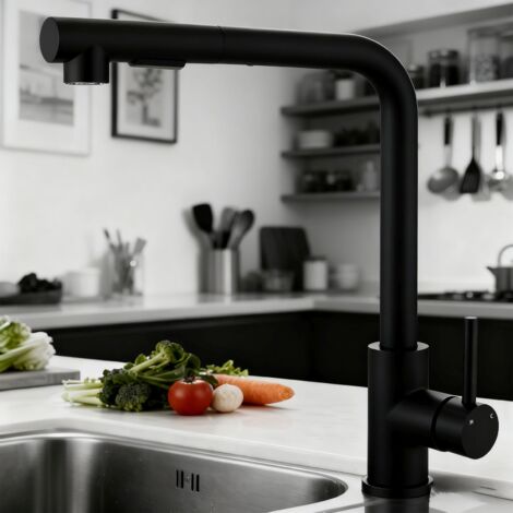 Ocean Sanitaire – Robinet de cuisine mitigeur 304 inox extractible 360° – Douchette extensible 40 cm – 2 jets au choix – Installation facile