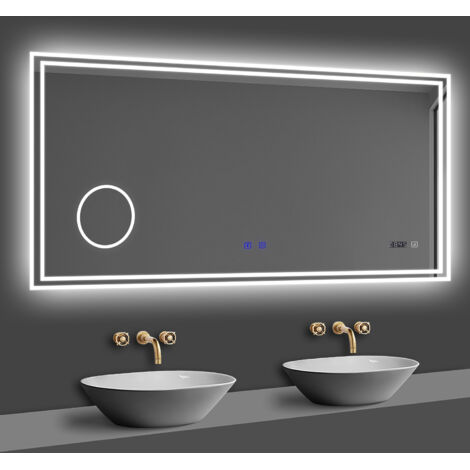 OCEAN 120x70cm miroir lumineux de salle de bain regtanglaire avec Bluetooth, 3 Couleurs, Horloge et Loupe (1/5)