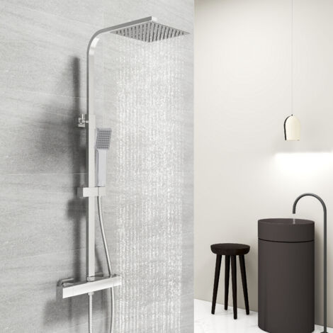 Acezanble – Colonne de douche thermostatique en laiton massif – Pommeau carré 200mm – Système de valve Cool Touch – Hauteur réglable – Finition chromée