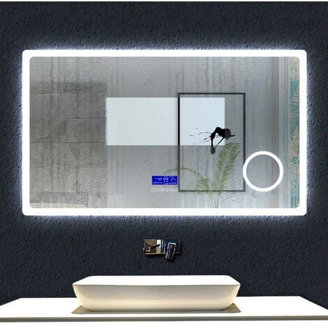 Miroir de salle de bain 120cmx70cm multifonctionnel avec LED réglable + antibuée + Panneau LCD (Tactile+Bluetooth+ Horloge+Date+Température)+Miroir grossissant