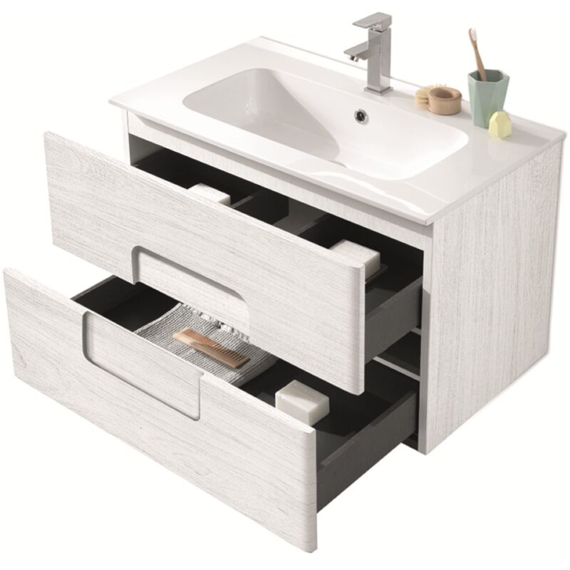 Mobile Bagno a Terra TOUCH 70 cm 2 Cassetti Tortora Lucido e Top Rovere Nodi